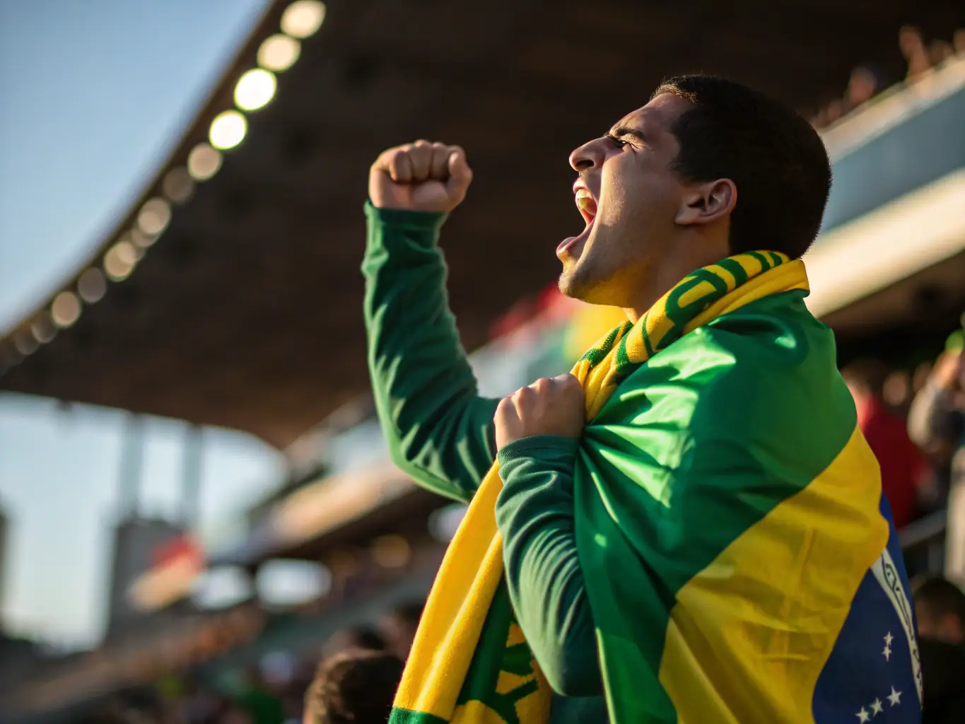 A high-resolution image showcasing a diverse group of Brazilian sports fans enthusiastically watching a football match on a large screen, with the Bet logo subtly displayed in the background, symbolizing the excitement and community spirit of sports betting.
